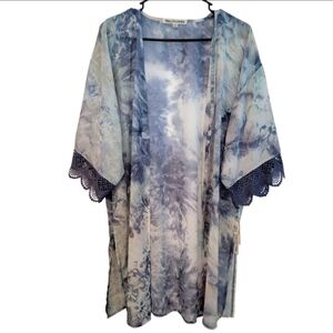 Wallflower Kimono Sleepwear swim cover-up lace crochet tie dye open front sz M